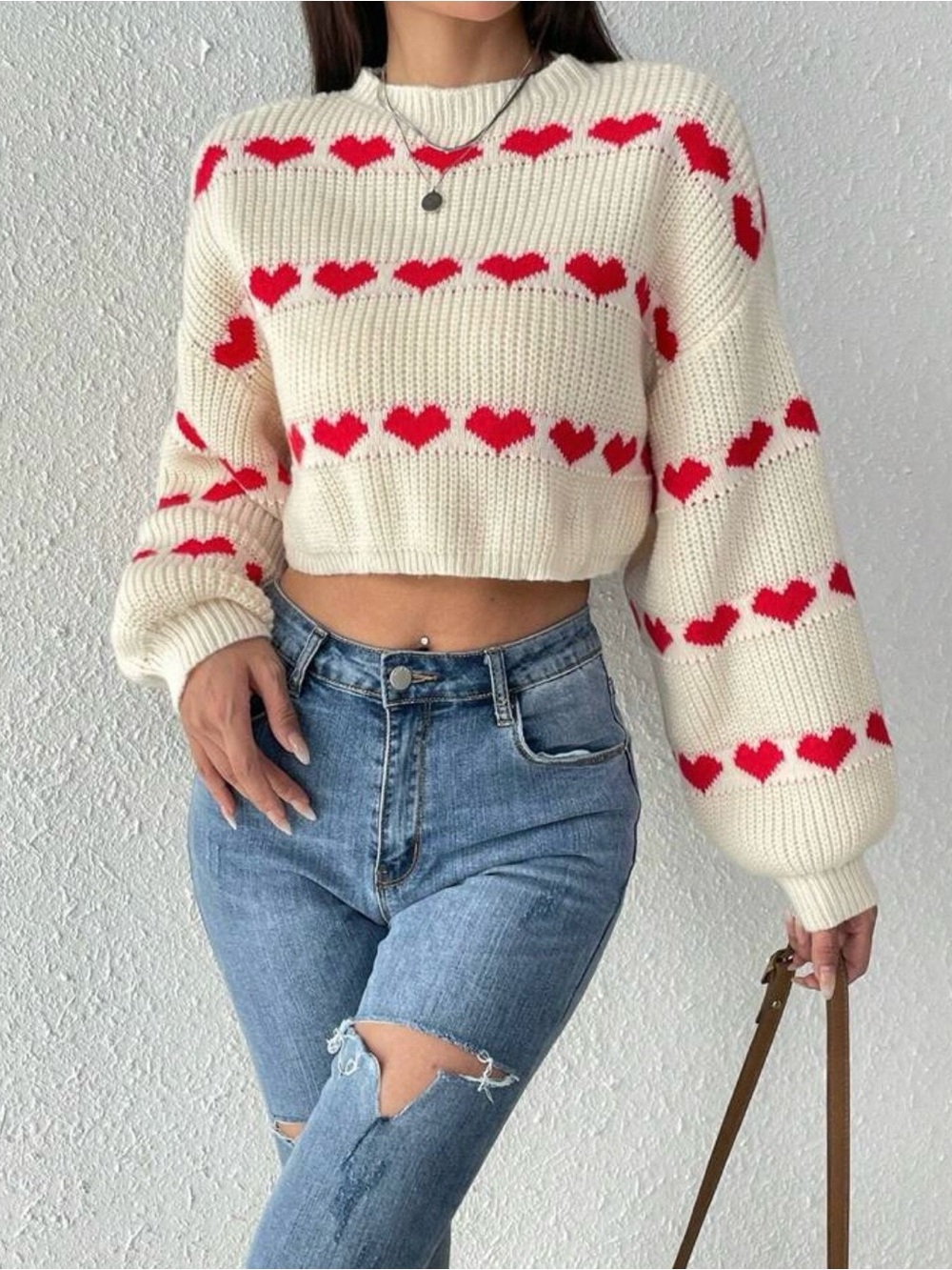 Shein Cropped Cream Sweater with Red Heart Stripes Knit Cozy Sweater